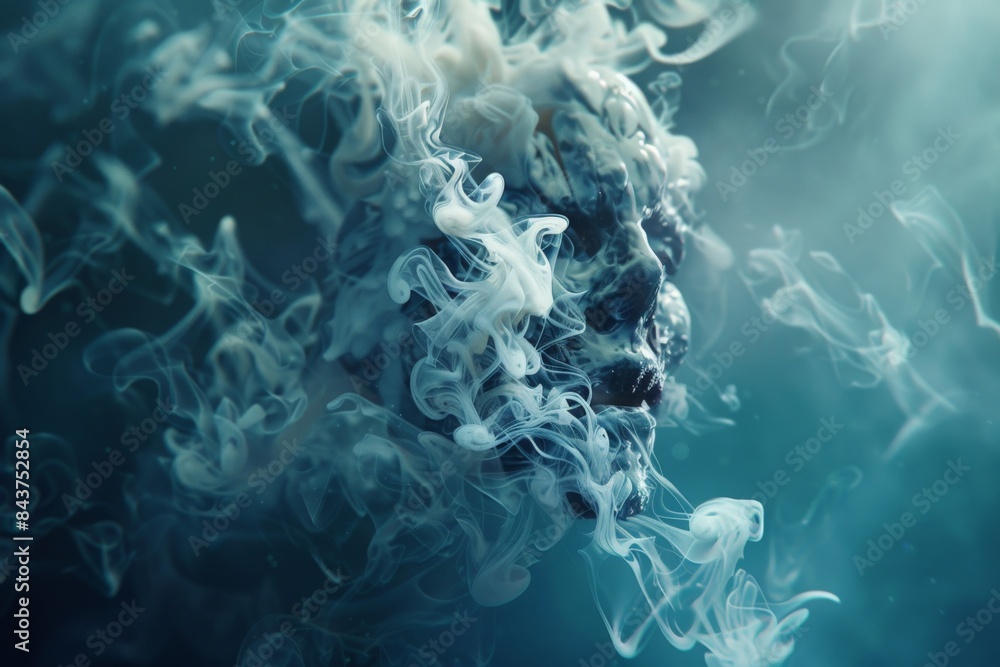 Obraz premium A ghostly face emerges from swirling white smoke against a deep blue background, creating an ethereal and mysterious image.