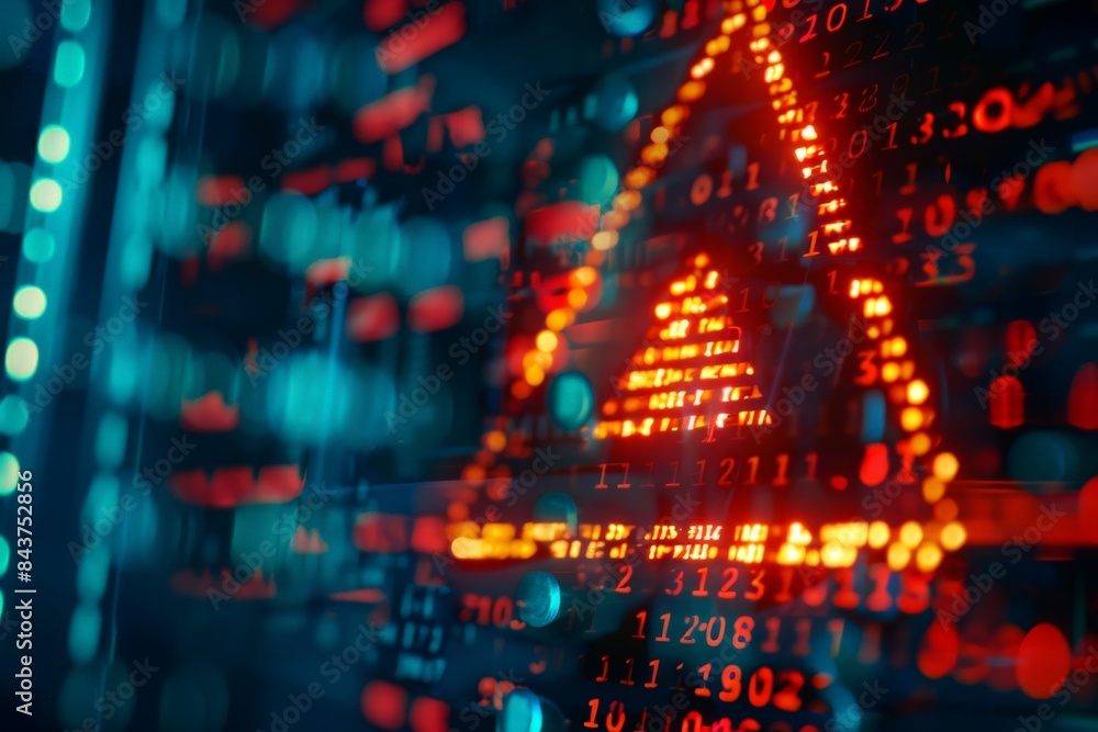 A glowing red triangle warning sign on a digital background with data streams. A glowing red triangle warning sign on a digital background with data streams.