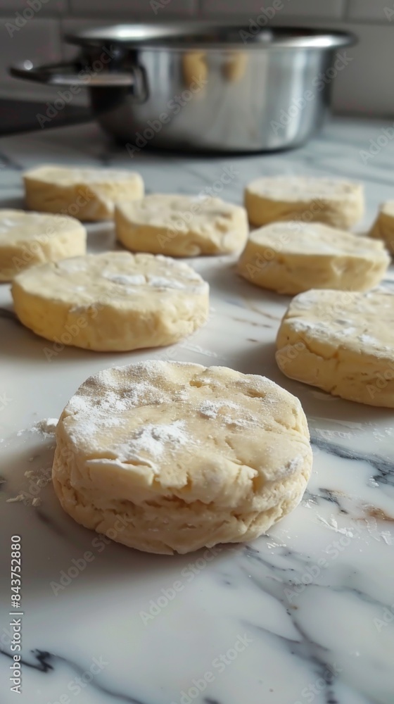 Several biscuits are sitting on a marble counter top with a pot in the background, biscuit dough type Several biscuits are sitting on a marble counter top with a pot in the background, biscuit dough type