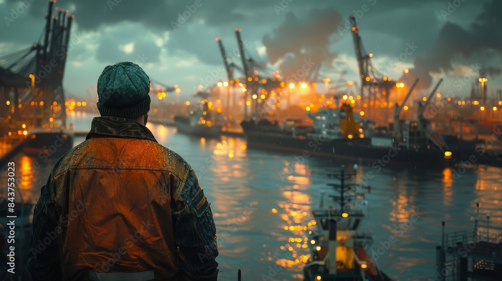 A person observes a brightly lit industrial harbor with cranes and shipping vessels at night A person observes a brightly lit industrial harbor with cranes and shipping vessels at night