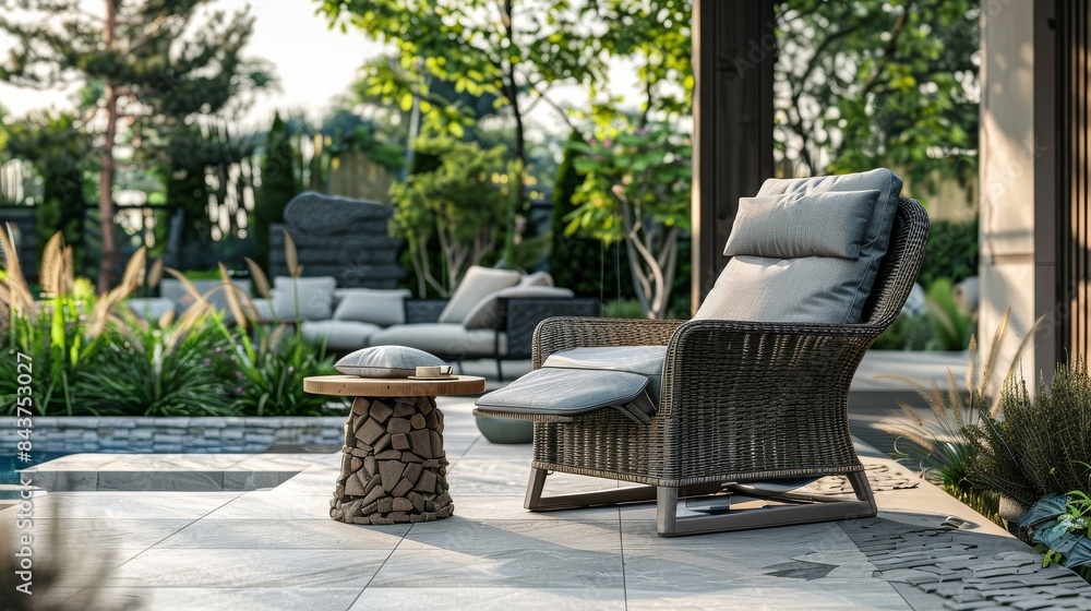Fototapeta premium Elegant Patio Recliner Chair with Wicker Frame and Grey Fabric Cushions, Paired with Wooden Side Table Near Poolside - Perfect for Summer Relaxation