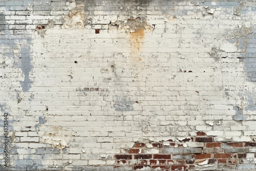 Old white brick wall with extensive peeling paint and exposed red bricks at the bottom