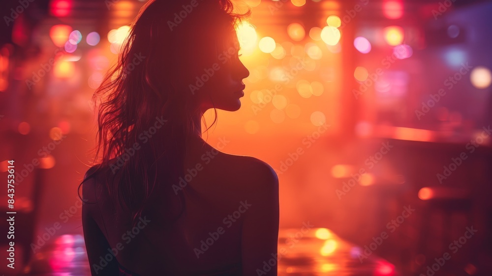 A rear-view silhouette of an individual with colorful bokeh lighting in the background A rear-view silhouette of an individual with colorful bokeh lighting in the background
