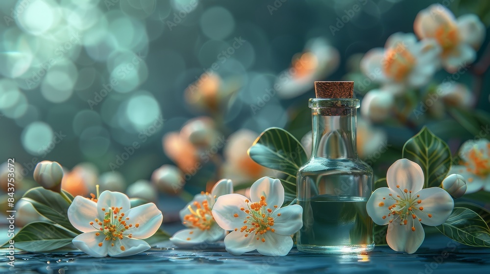 Obraz premium Artistic shot of a clear bottle with essential oil surrounded by white flowers on a teal background