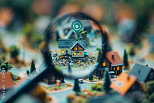 An advertising concept showcasing a prominent magnifier zooming in on a house, with a geotagging mark above it, set against a backdrop of blurred houses photo