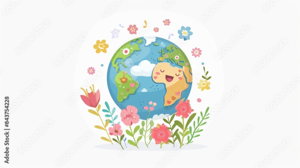 Endearing kawaii style Earth logo, spinning happily with colorful flowers, representing World Environment Day festivities Endearing kawaii style Earth logo, spinning happily with colorful flowers, representing World Environment Day festivities