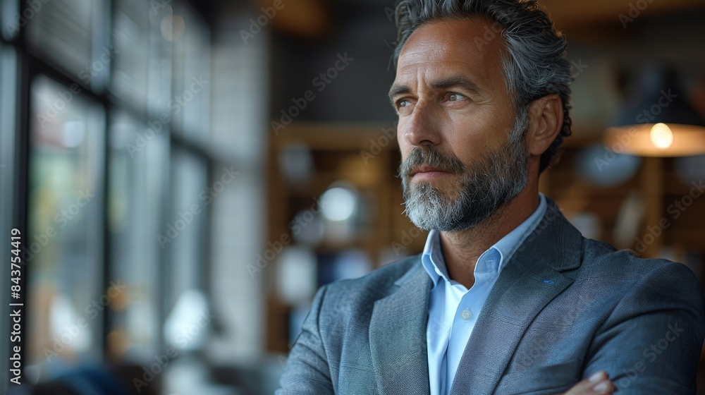 An elegant man's portrait with face blurred, wearing a suit in a cozy cafe setting Focus is on the professional attire and setting