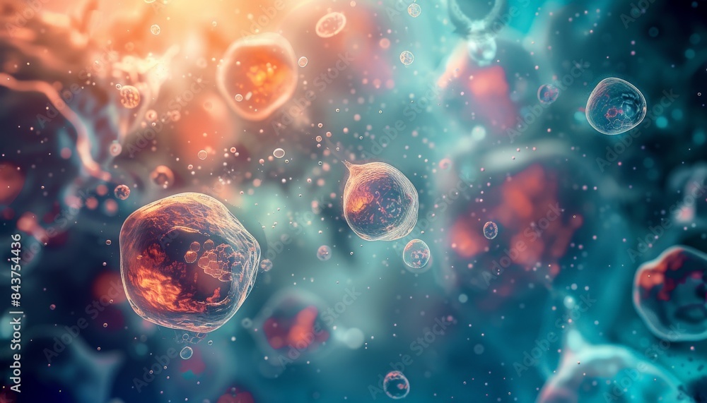 Abstract background with colorful spheres and particles, resembling a microscopic view of cells or space. Abstract background with colorful spheres and particles, resembling a microscopic view of cells or space.