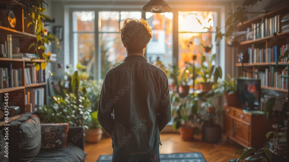 A man is seen from behind looking out a window in a warmly lit room filled with plants and cozy interior elements A man is seen from behind looking out a window in a warmly lit room filled with plants and cozy interior elements