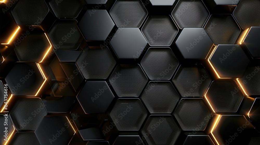 Close-up of black hexagonal pattern with golden highlights, creating a futuristic and luxurious texture background Close-up of black hexagonal pattern with golden highlights, creating a futuristic and luxurious texture background