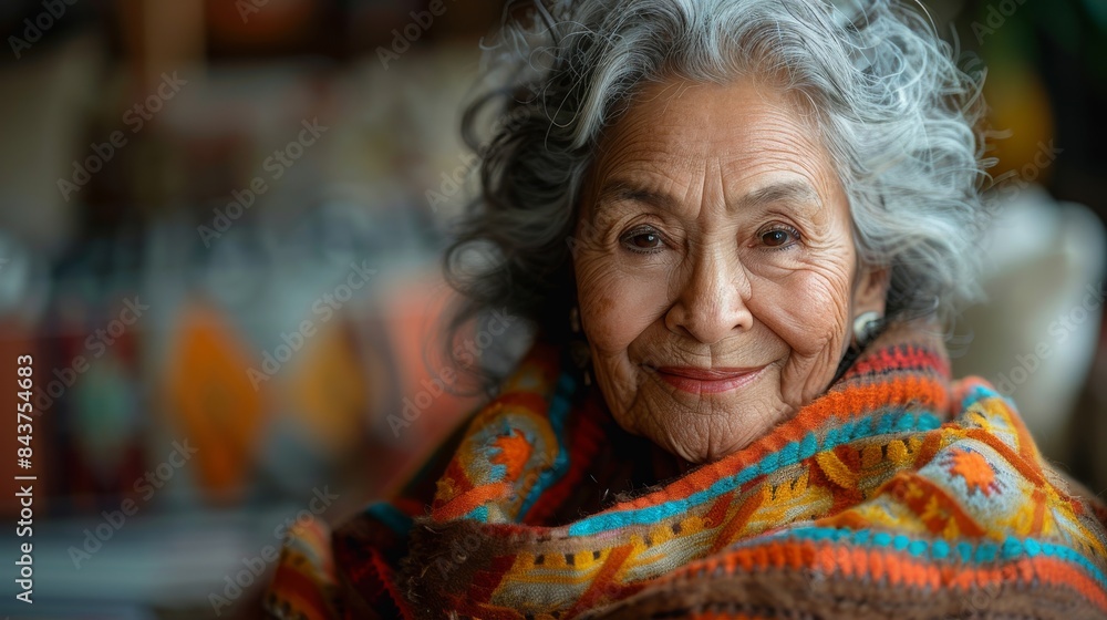 An elderly individual, face blurred, is seen from behind wearing a vibrant, patterned shawl that provides a sense of warmth and comfort An elderly individual, face blurred, is seen from behind wearing a vibrant, patterned shawl that provides a sense of warmth and comfort