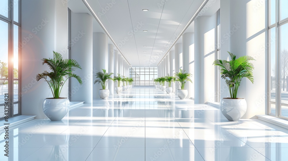 Bright and airy modern corridor lined with potted plants and large windows Bright and airy modern corridor lined with potted plants and large windows