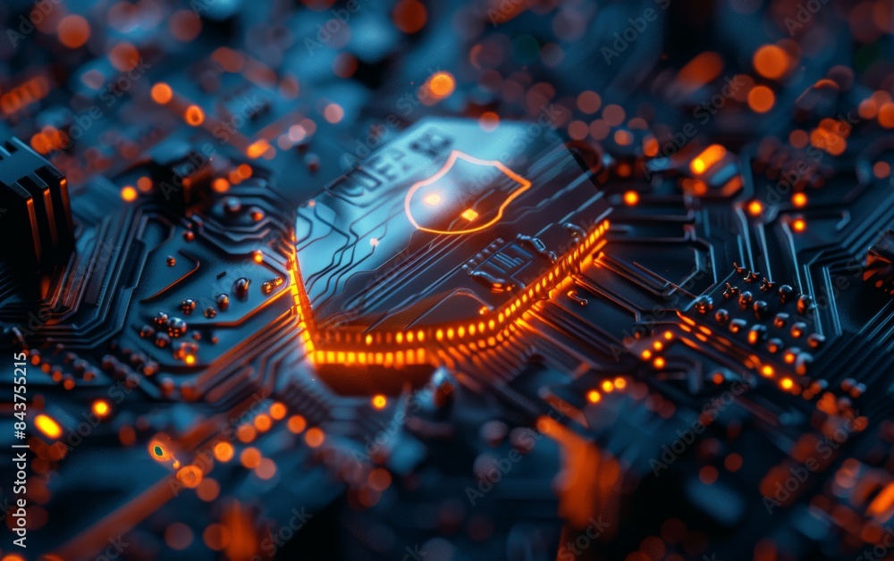 Abstract digital shield on a circuit board with glowing orange lights. Cybersecurity concept. Abstract digital shield on a circuit board with glowing orange lights. Cybersecurity concept.
