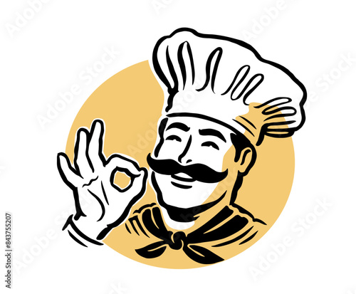 Portrait of smiling cartoon chef wearing hat in logo style. Emblem for restaurant or cafe menu design