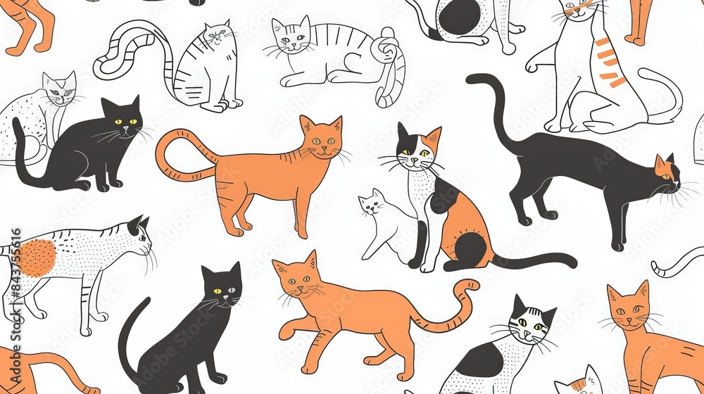 Seamless line pattern of cats in various playful poses, ideal for fabric design Seamless line pattern of cats in various playful poses, ideal for fabric design
