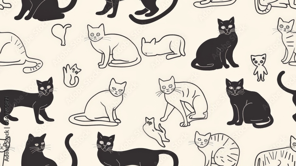 Fototapeta premium Seamless line pattern of cats in various playful poses, ideal for fabric design