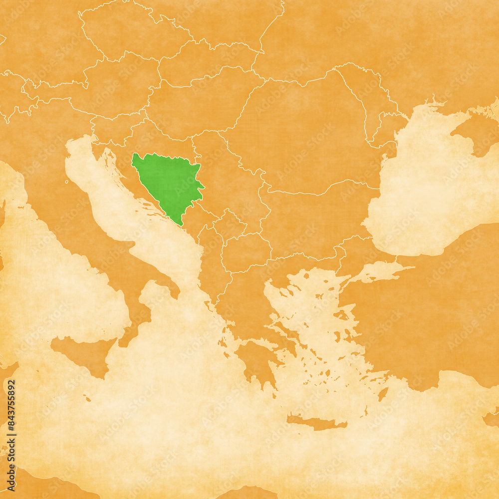 Ocher map of Balkans - Bosnia and Herzegovina Ocher map of Balkans - Bosnia and Herzegovina