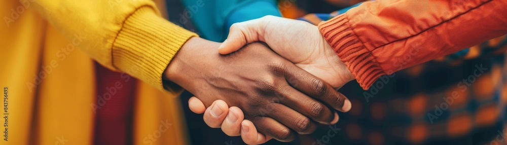 Fototapeta premium Close up of two people shaking hands, showing unity and agreement.