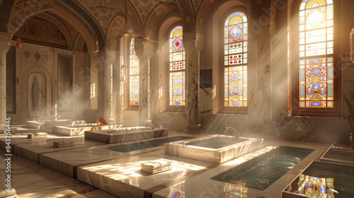 Sunlit historic Turkish bath interior with stained glass windows