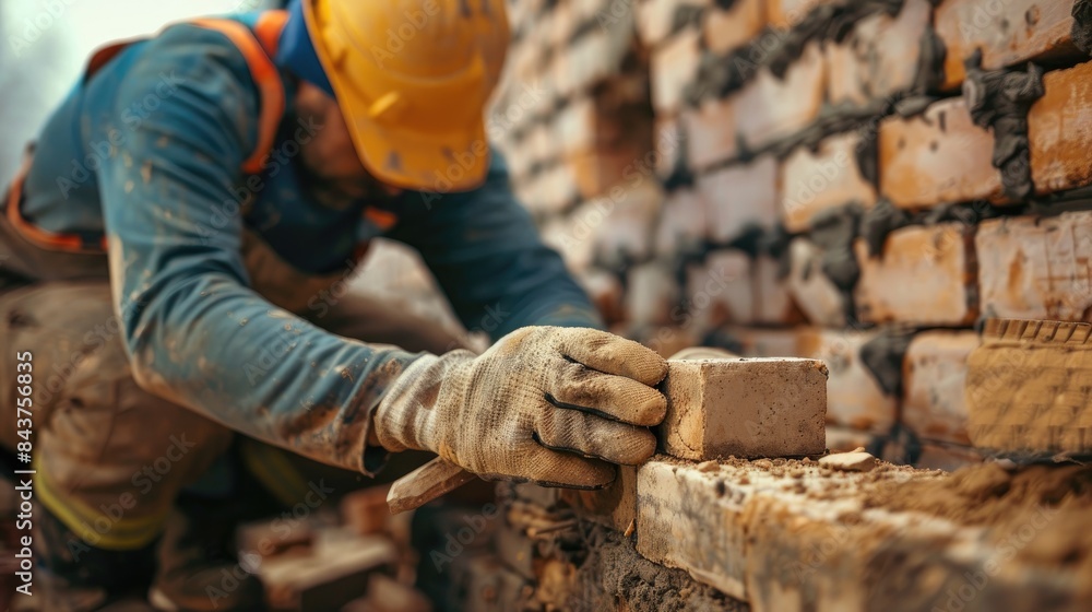 Fototapeta premium Bricklayers constructing walls up close