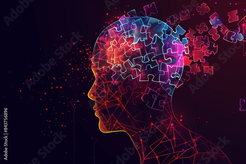 Human mind puzzle Cognitive psychology concept. psychotherapy symbol Mental health exploration Human head profile and jigsaw puzzle, cognitive psychology or psychotherapy concept. Dark Background. photo