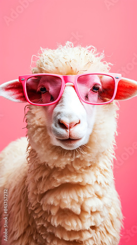A sheep wearing sunglasses and pink glasses. The sheep is standing in front of a pink background. The image has a playful and fun mood. Funny white sheep wearing pink sunglasses on pink background
