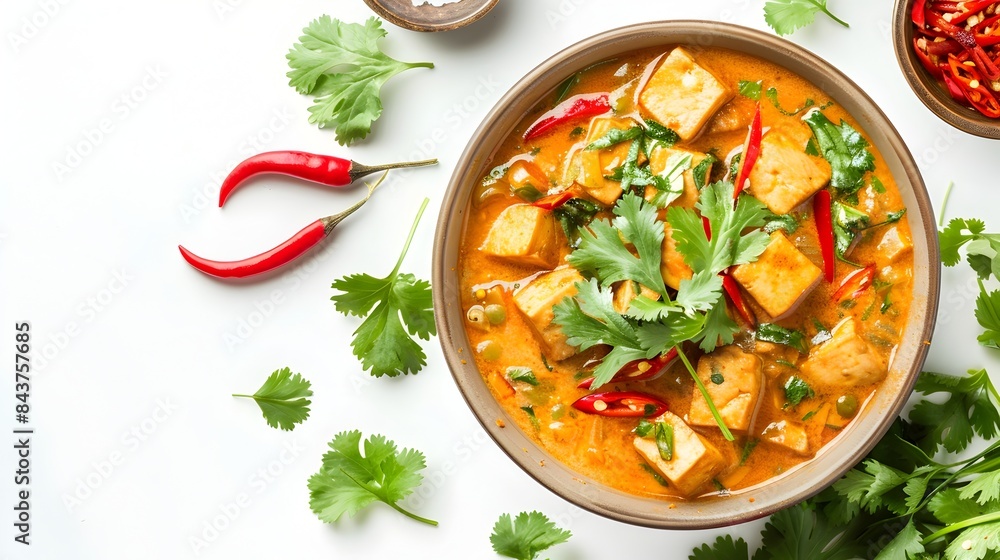 Spicy Thai Red Curry with Tofu and Fresh Garnishes on White Background Spicy Thai Red Curry with Tofu and Fresh Garnishes on White Background