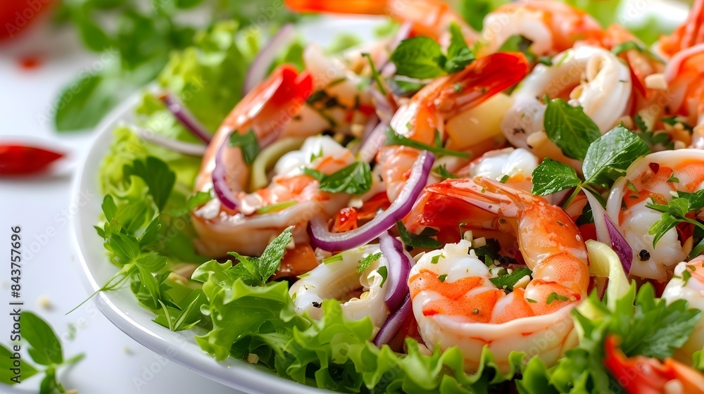 Vibrant Thai Seafood Salad with Shrimp,Squid,and Fresh Herbs on White Background Vibrant Thai Seafood Salad with Shrimp,Squid,and Fresh Herbs on White Background