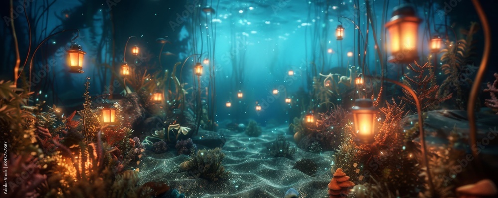 Enchanted forest path illuminated by glowing lanterns.