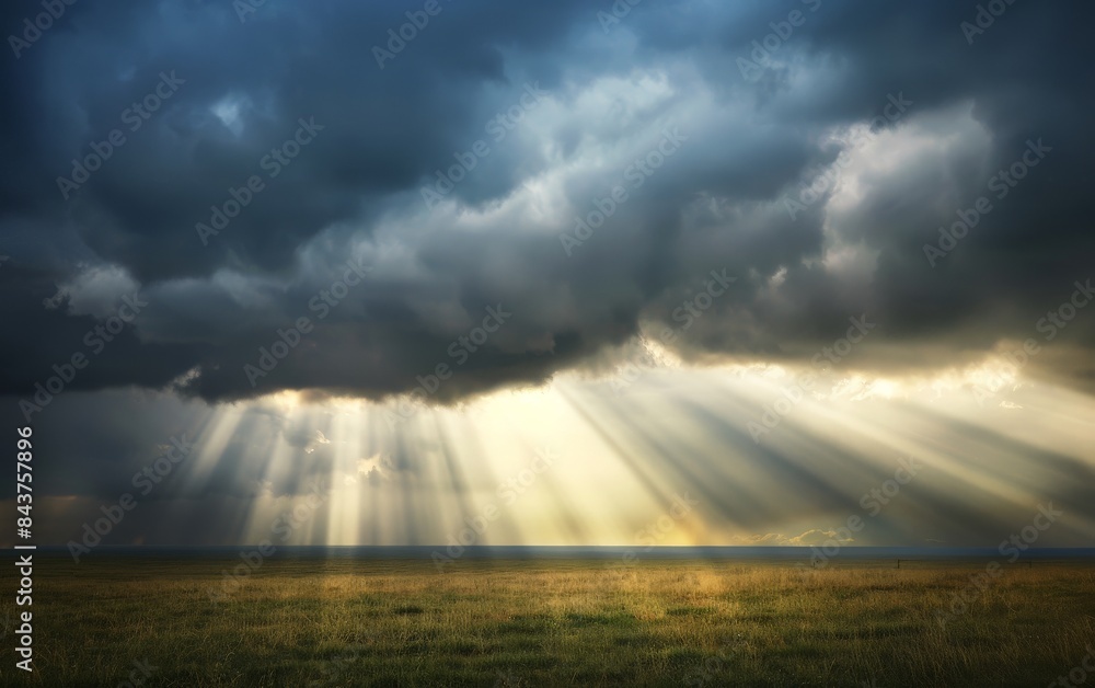 Dramatic sky with dark clouds and sun rays breaking through, illuminating a grassy field. Dramatic sky with dark clouds and sun rays breaking through, illuminating a grassy field.