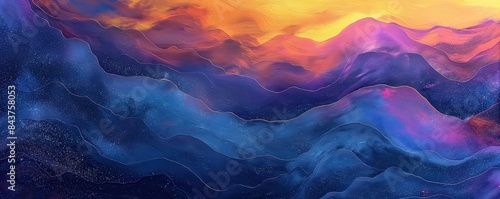 Abstract colorful waves blending blues purples oranges front view cosmic feel serene night sky scene