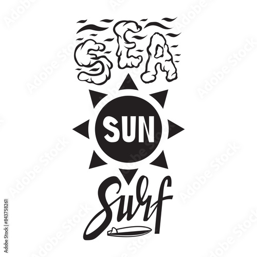 sea sun sufr lettering north shore sufr vector print for summer t shirts with grunge surfboard patchwork background. Vector illustration