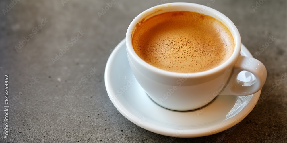 A simple, stylish shot of espresso in a white cup, set against a grey concrete backdrop A simple, stylish shot of espresso in a white cup, set against a grey concrete backdrop