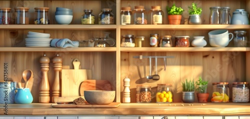 Rustic wooden shelves filled with kitchenware  jars  and herbs.