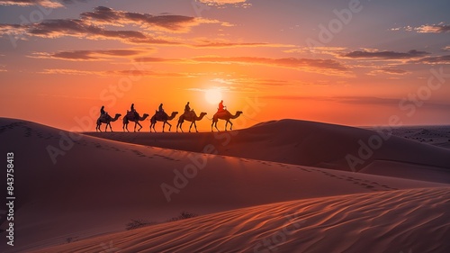 Embark on a visual adventure as a caravan of camels traverses the expansive desert landscape  with vast stretches of sand and distant dunes creating a mesmerizing scene of ancient nomadic travel