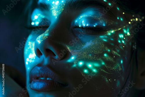 woman with glowing bokeh lights with a greenish hue, creating a dreamy background