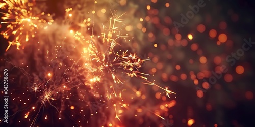 Sparkling golden and red fireworks against a dark background.