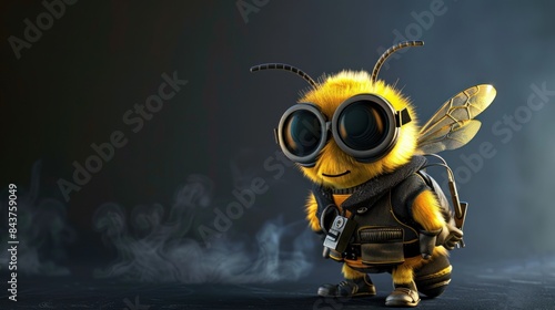 Cute yellow bee wearing a modern spy outfit complete with spy equipment, AI generated image photo