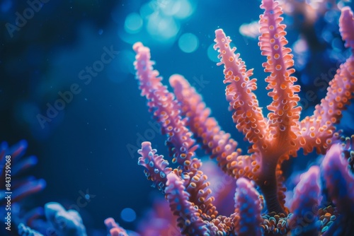 Vibrant pink and purple coral branches underwater, bathed in blue light.