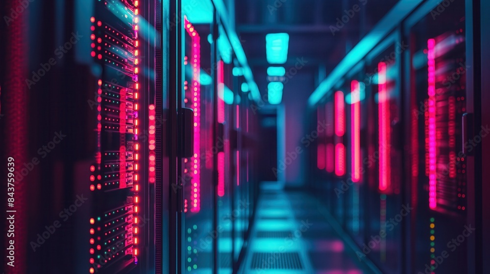 High performance computing infrastructure in a data center side view illuminated servers High performance computing infrastructure in a data center side view illuminated servers