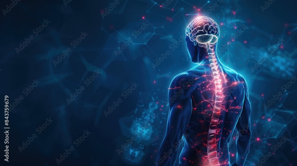 human body with bright red brain and spine on dark blue background, digital illustration, human body with bright red brain and spine on dark blue background, digital illustration,