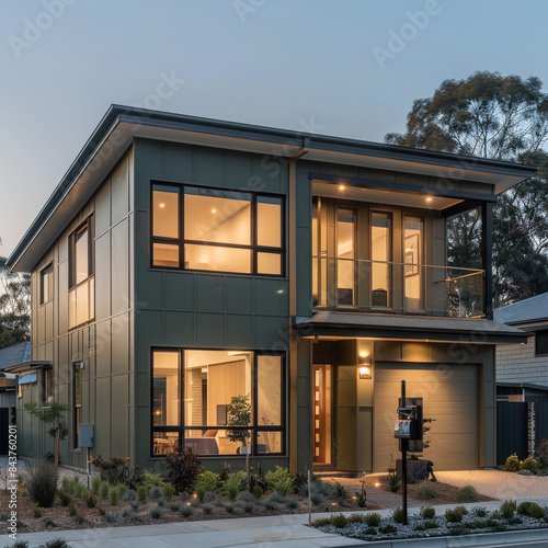 Wallpaper Mural Light olive drab house with Scandinavian design influences, featuring clean lines and functional aesthetics in a suburb. Torontodigital.ca