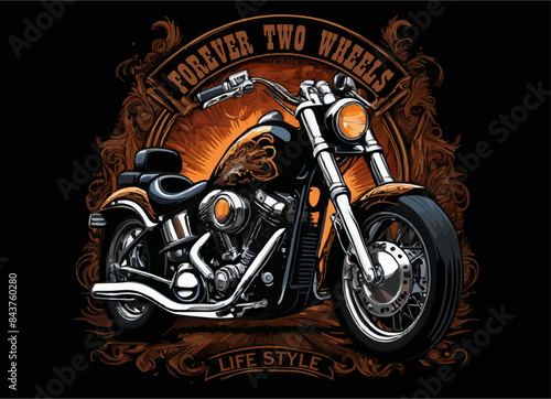 Vector t-shirt design with biker motorcycle
and fire on black background.
Fashionable print for fabric, paper, men clothing,
hoodie, biker jacket. T shirt template with lettering
Forever two wheels.