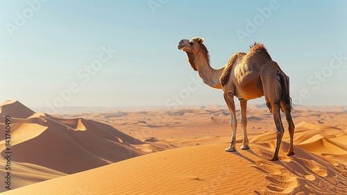 Embark on a visual adventure as a caravan of camels traverses the expansive desert landscape  with vast stretches of sand and distant dunes creating a mesmerizing scene of ancient nomadic travel