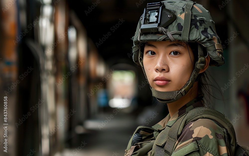 A young Asian woman proudly wearing her military uniform, standing tall. A young Asian woman proudly wearing her military uniform, standing tall.