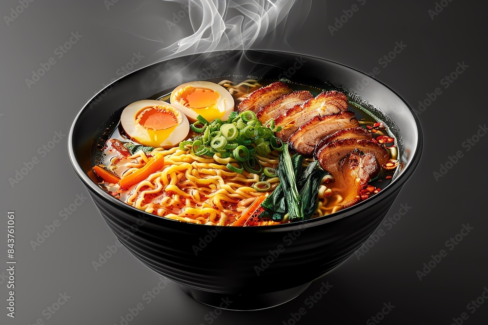 Steaming bowl of ramen noodles with pork, egg, and vegetables. Steaming bowl of ramen noodles with pork, egg, and vegetables.