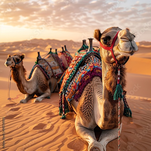 Embark on a visual adventure as a caravan of camels traverses the expansive desert landscape, with vast stretches of sand and distant dunes creating a mesmerizing scene of ancient nomadic travel