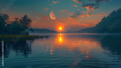 Crescent moon rising above a tranquil lake