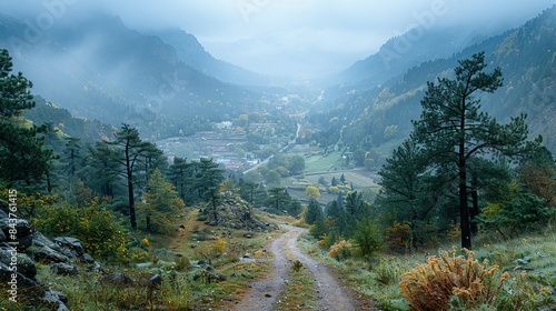 A scenic valley covered in smog from nearby factories, emphasizing the pervasive nature of air pollution in even the most remote natural landscapes. Dramatic Photo Style,