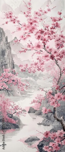 Cherry blossom tree in full bloom, symbolizing renewal and beauty, Feng Shui wall art, watercolor style, soft pinks and whites, tranquil scene photo